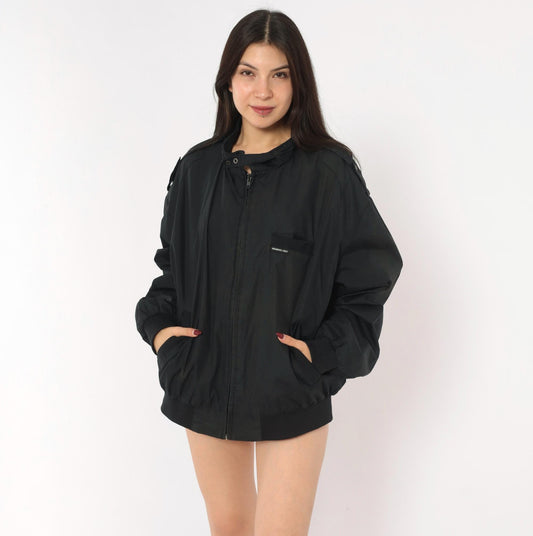 90s Members Only Bomber Jacket Black Nylon Stand Collar Extra Large XL