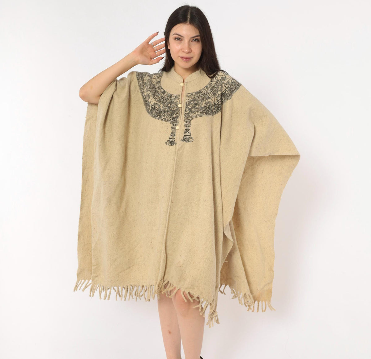 90s Aztec Calendar Wool Blend Poncho Cream Mandarin Collar Fringe Hem