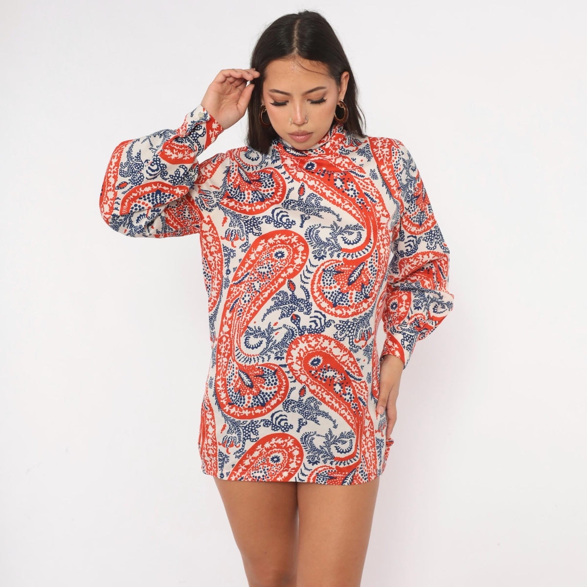 70s Paisley Mock Neck Blouse Red Navy Bishop Sleeve Tunic Medium M