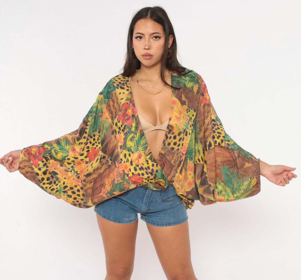 90s Silk Kimono Jacket Tropical Leopard Print Yellow Green Small