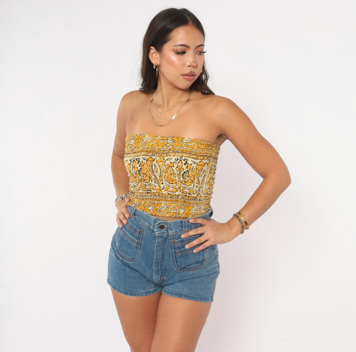 70s Yellow Mustard Block Print Smocked Tube Top Strapless Crop Cotton Extra Small