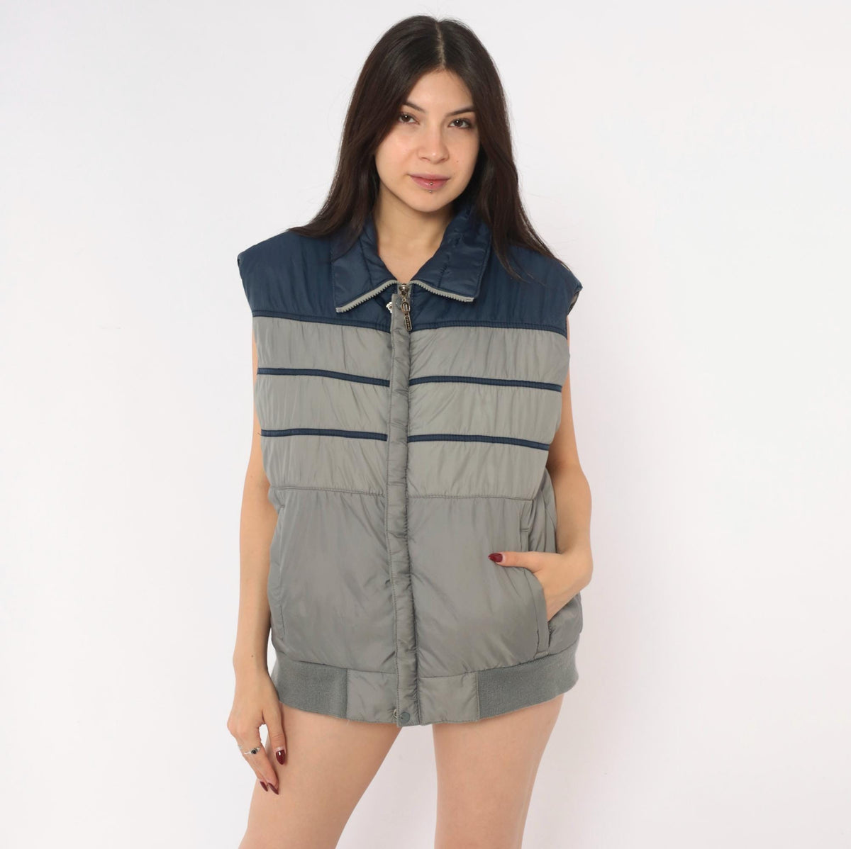 80s Ossi Navy Grey Color Block Puffer Vest Quilted Mens Medium