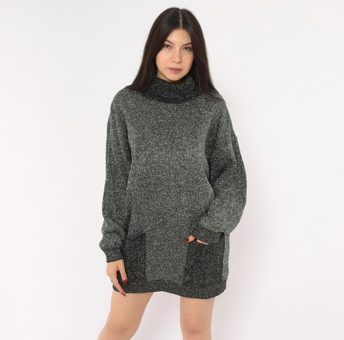 80s Black Silver Lurex Knit Mini Dress Cowl Turtleneck Balloon Sleeve Medium