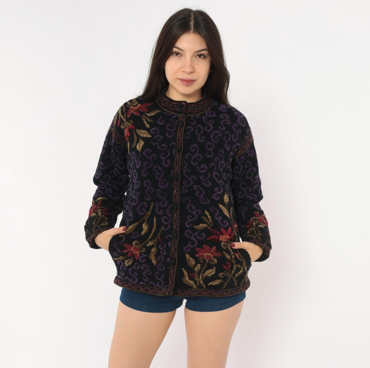 80s Icelandic Design Wool Cardigan Black Purple Floral Jacquard Small
