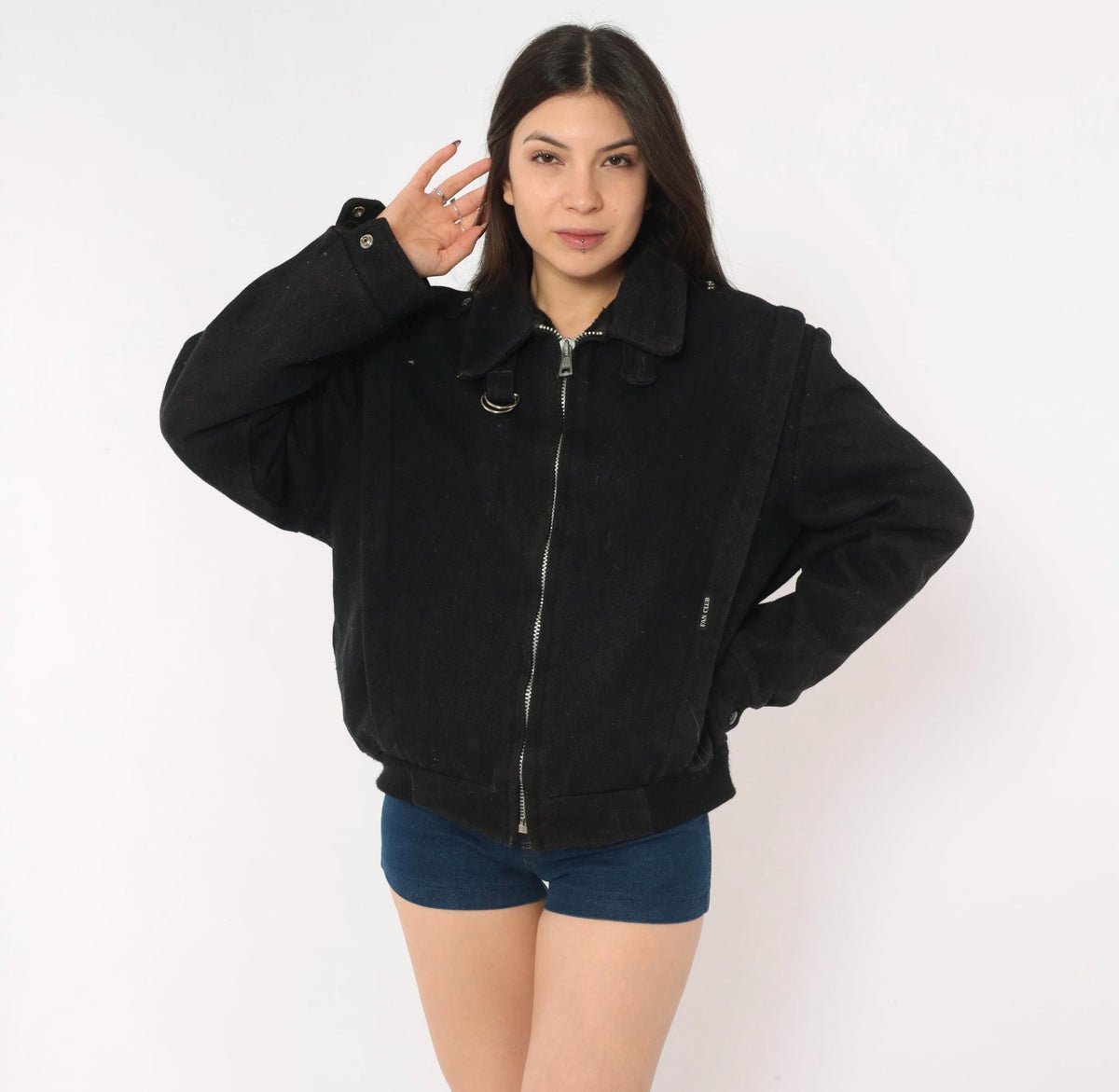 80s Fan Club Wool Blend Bomber Jacket Black Zip Front Mens Small