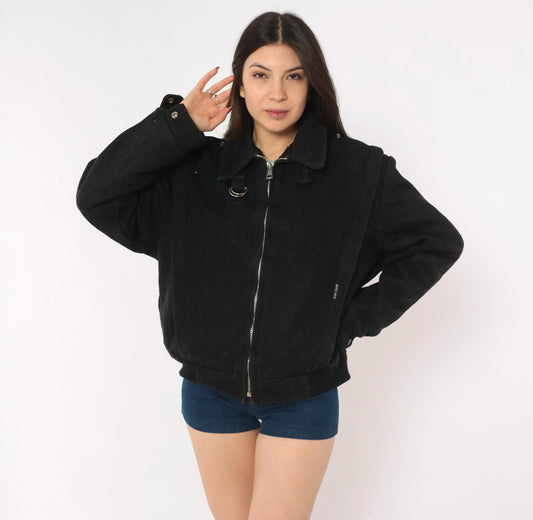 80s Fan Club Wool Blend Bomber Jacket Black Zip Front Mens Small