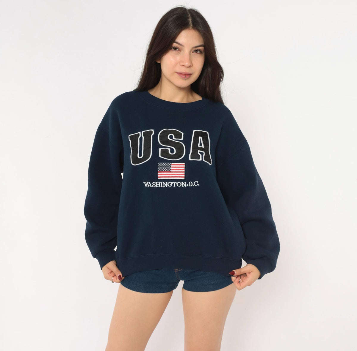 90s USA Washington DC Embroidered Navy Crewneck Sweatshirt American Flag Medium