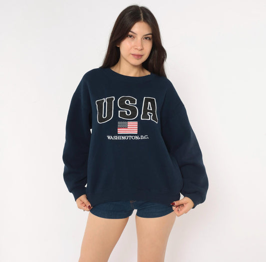 90s USA Washington DC Embroidered Navy Crewneck Sweatshirt American Flag Medium