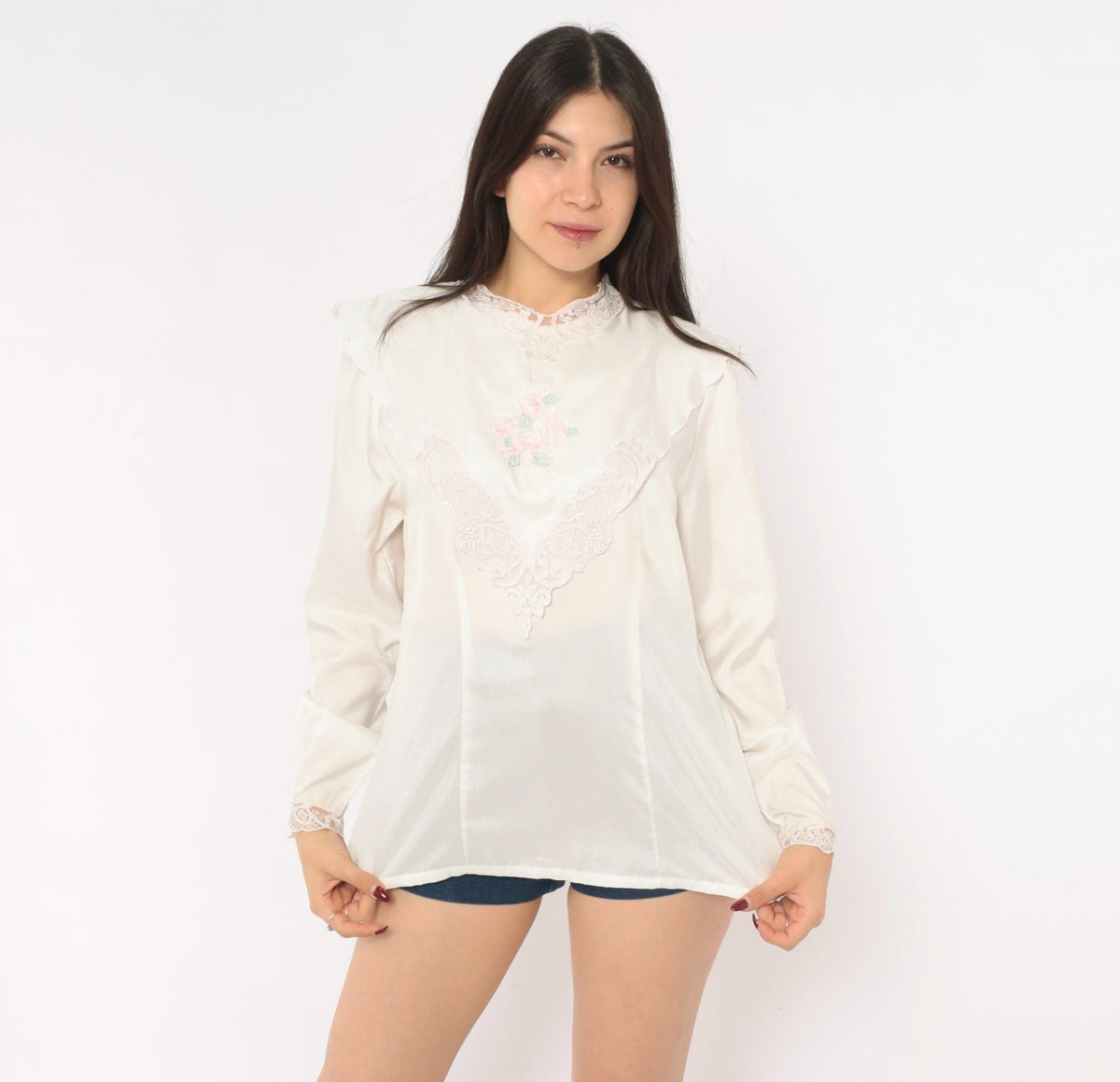 80s Nicola Embroidered Floral Lace Blouse High Neck Puff Sleeve Ivory Medium M