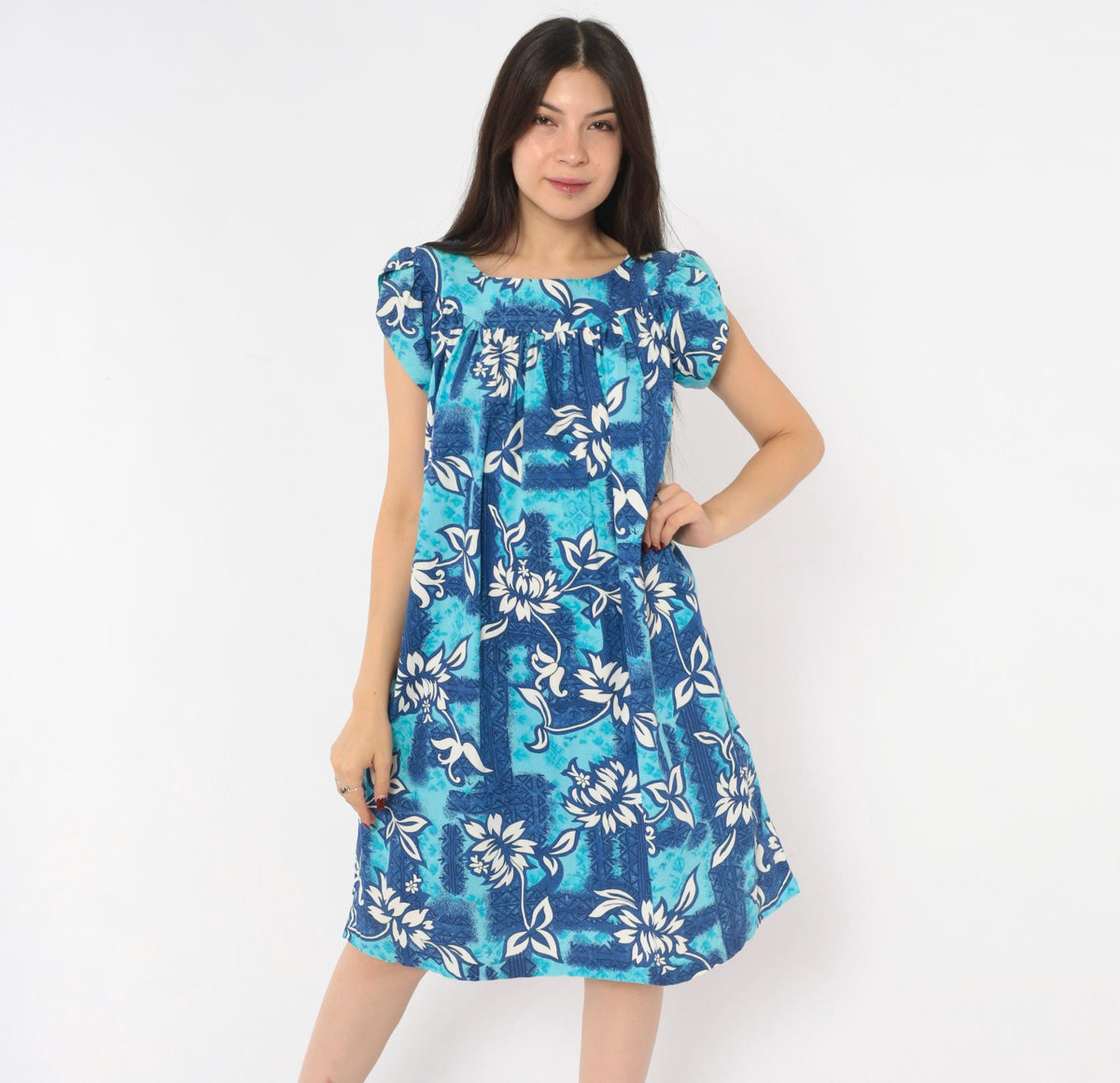 80s Made In Hawaii Muumuu Dress Blue Floral Cotton Knee-Length Medium