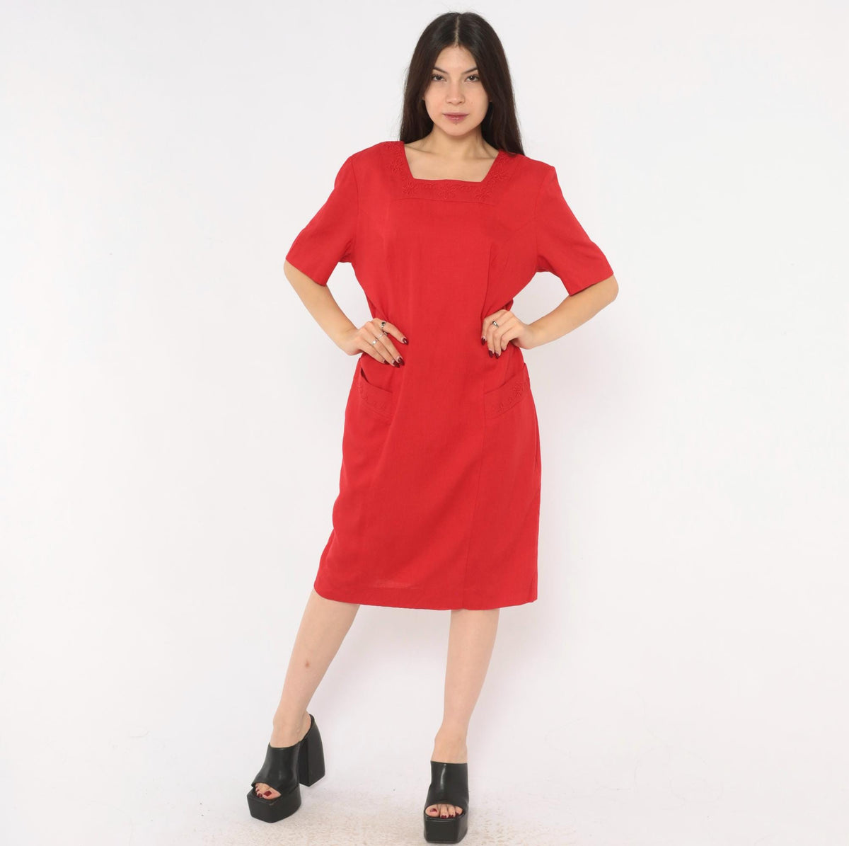80s Lanz Originals Red Shift Dress Square Neck Soutache Embroidery Large L