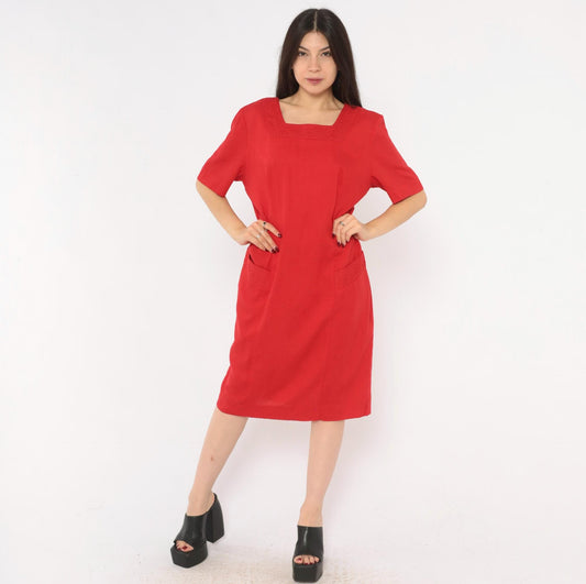 80s Lanz Originals Red Shift Dress Square Neck Soutache Embroidery Large L
