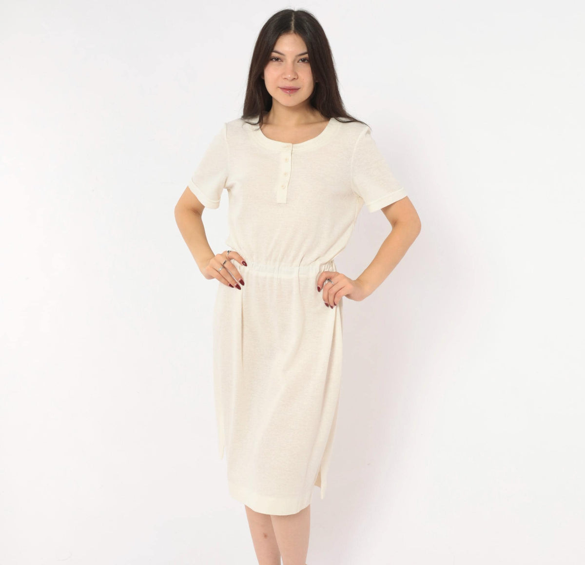 70s Cream Henley Dress Button Front A-Line Knee Length Short Sleeve Small Medium