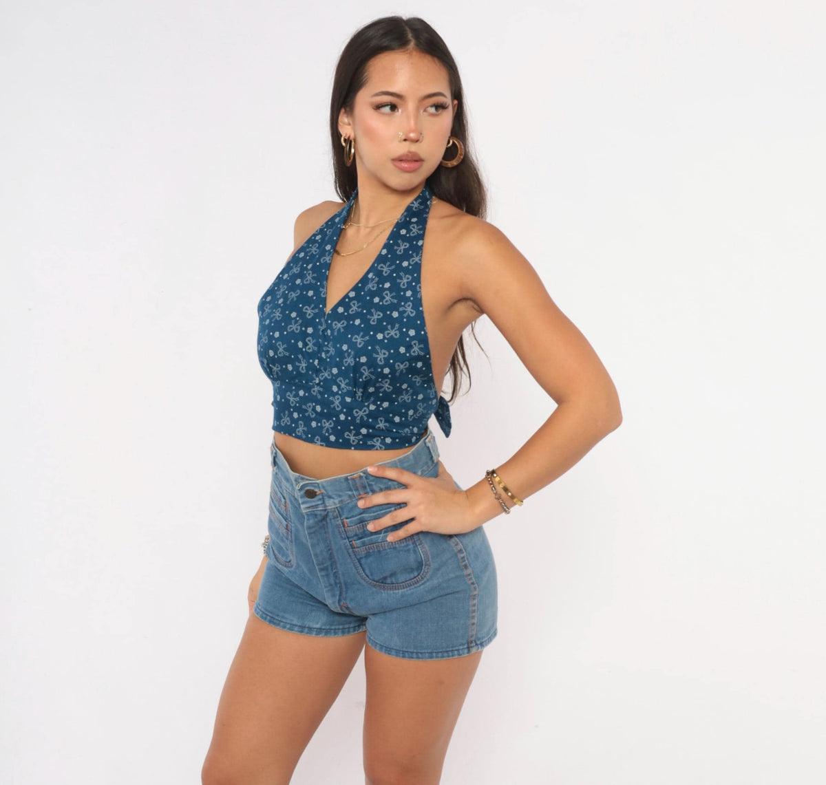 70s Navy Halter Crop Top White Bow Floral Star Print Deep V Backless Small