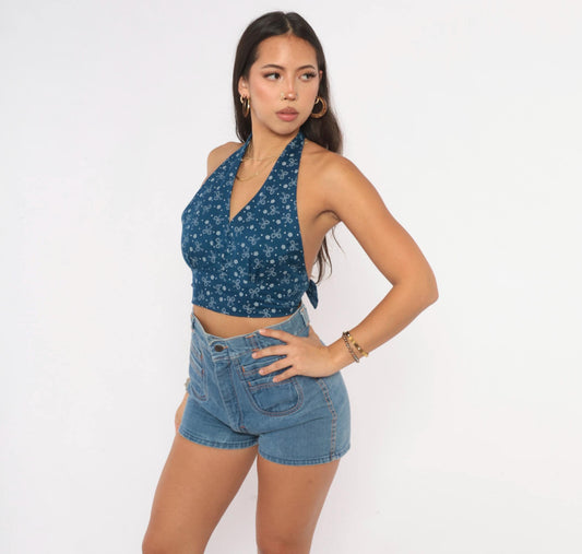 70s Navy Halter Crop Top White Bow Floral Star Print Deep V Backless Small