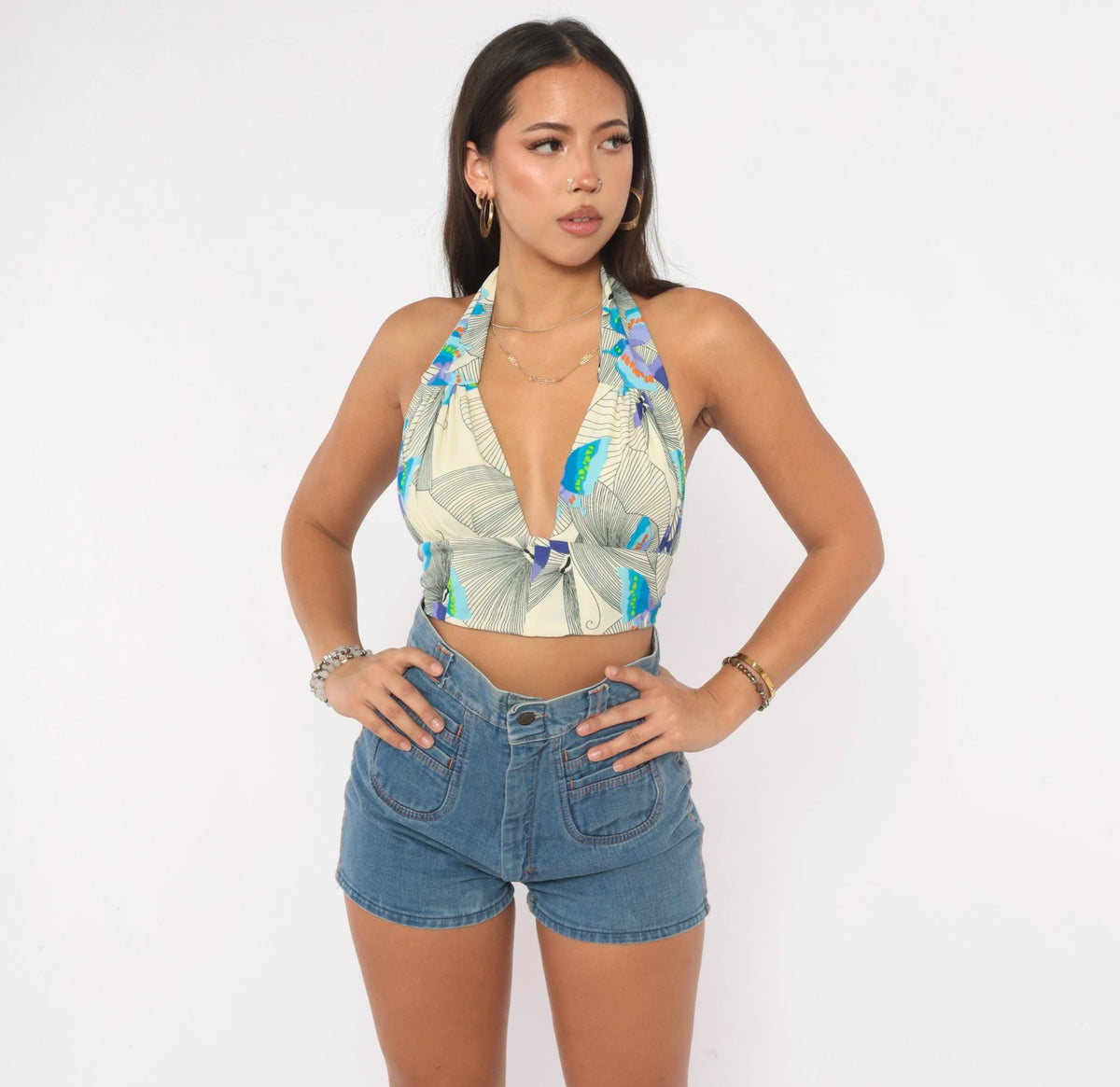 70s Tropical Butterfly Halter Crop Top Cream Floral Plunge V-Neck Small