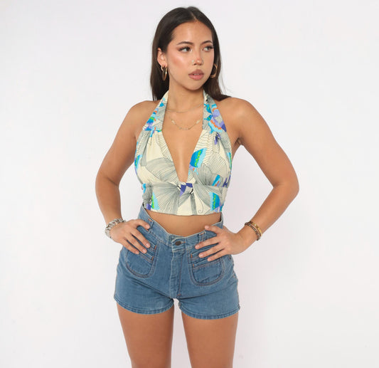 70s Tropical Butterfly Halter Crop Top Cream Floral Plunge V-Neck Small