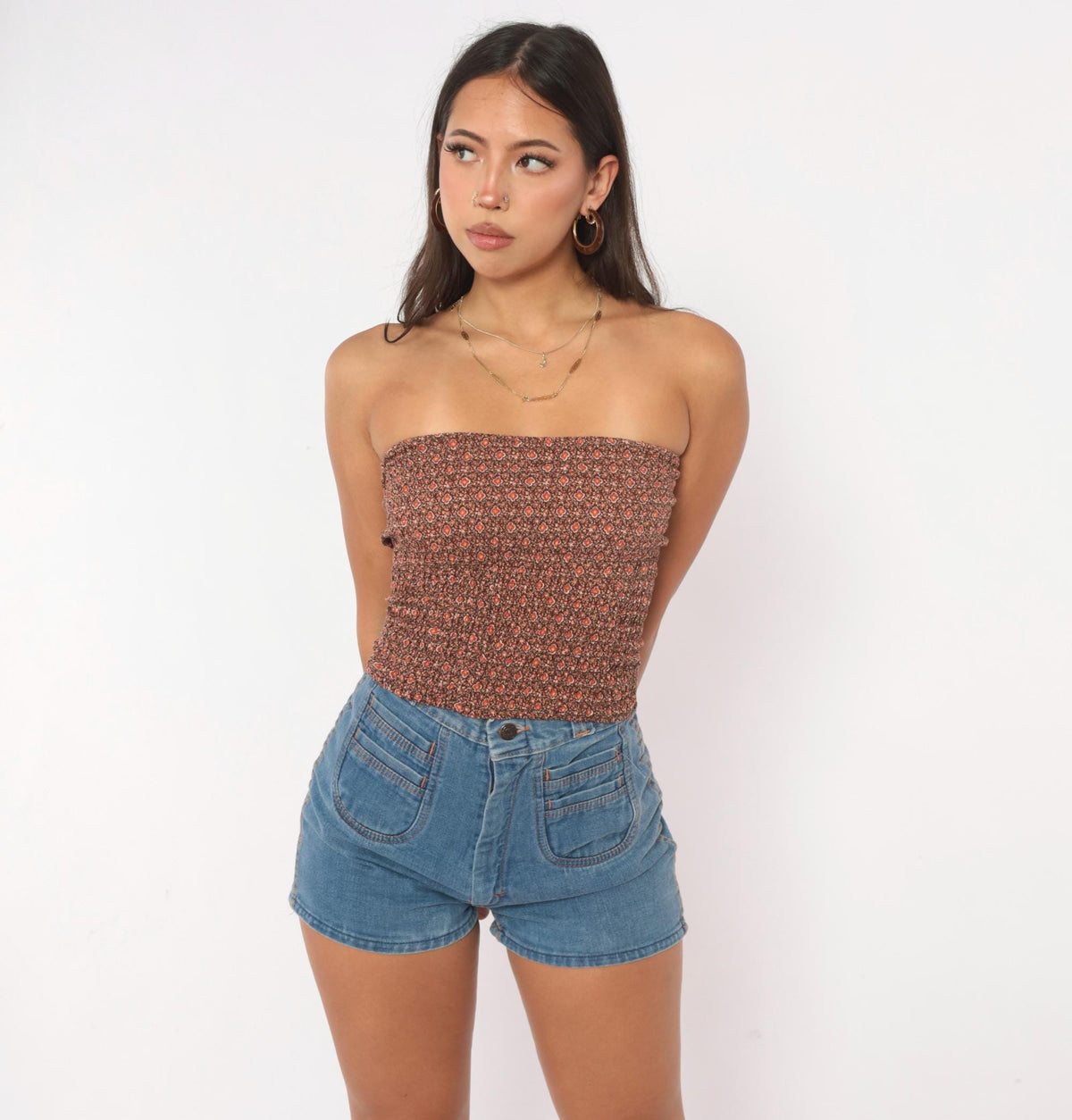 70s Brown Floral Tube Top Shirred Strapless Crop Ditsy Print Small