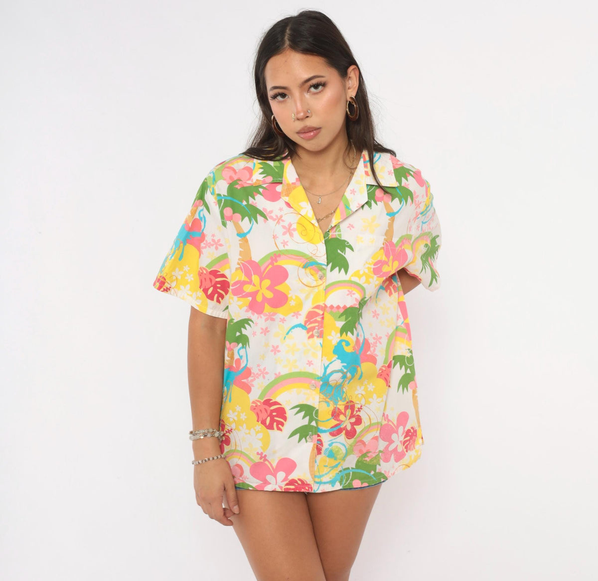 Y2K Barefoot Paradise Hawaiian Shirt White Cotton Camp Collar Tropical Print Extra Large XL