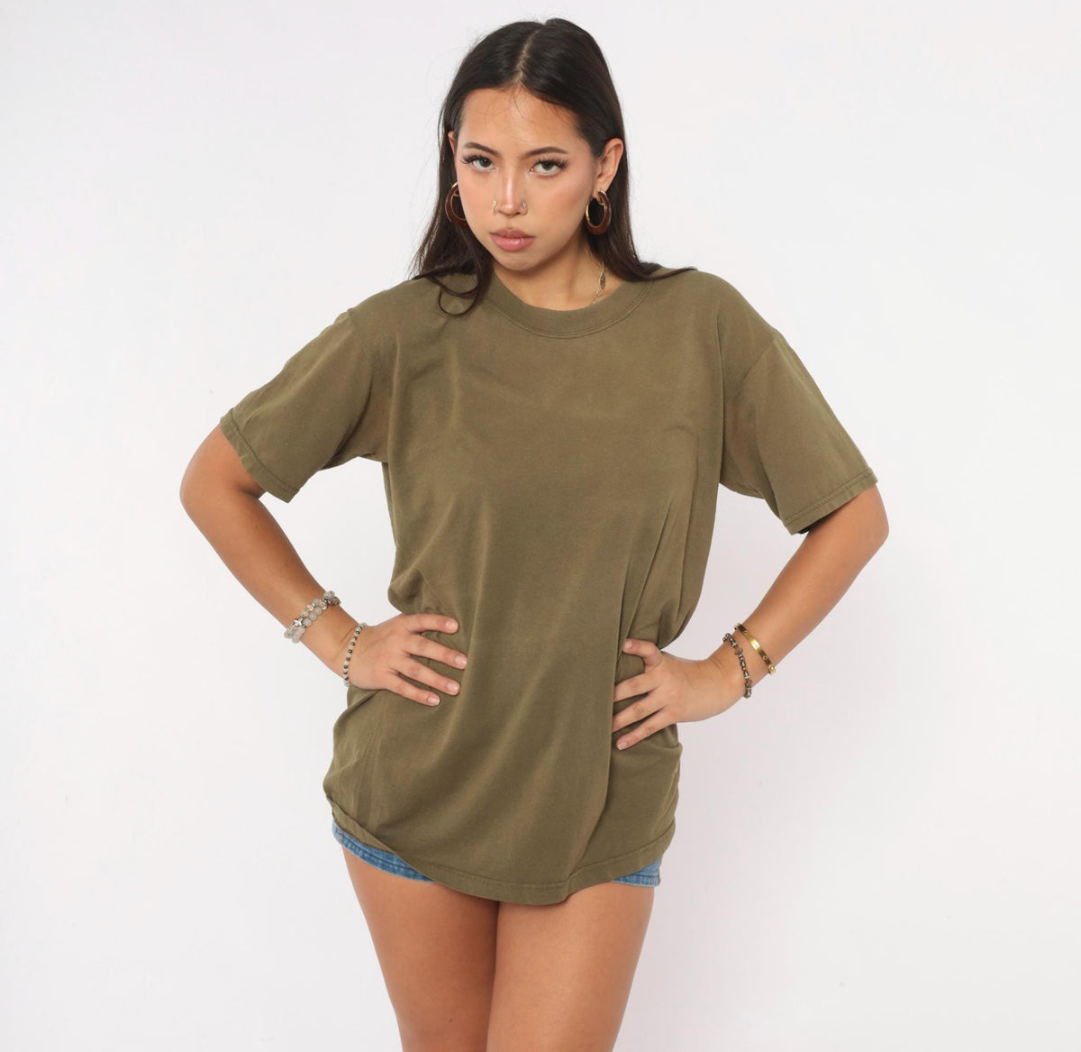 Y2K Duke Olive Green T-Shirt Boxy Crew Neck Plain Tee Medium M