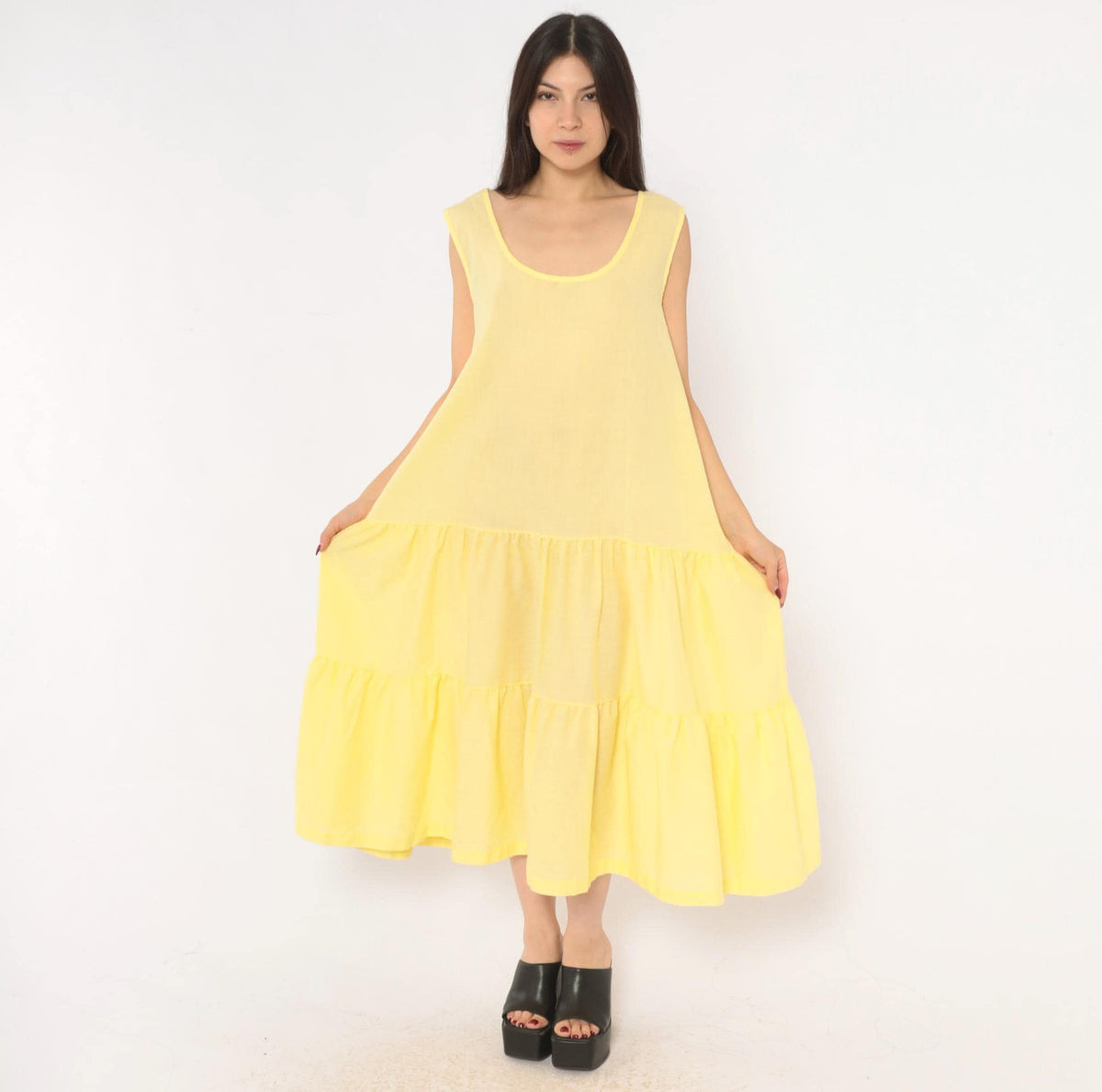 90s Butter Yellow Tiered Midi Sundress Anne Leslie Plus Scoop Neck XXL