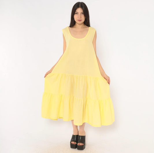 90s Butter Yellow Tiered Midi Sundress Anne Leslie Plus Scoop Neck XXL