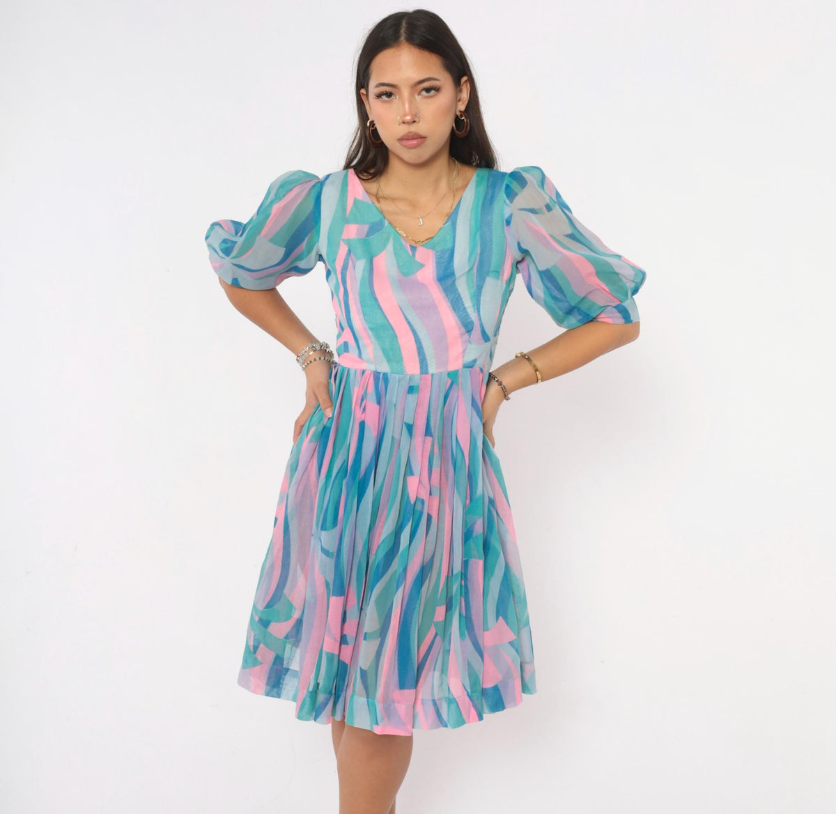 60s Mod Abstract Swirl Print Dress Teal Pink Puff Sleeve V Neck Small