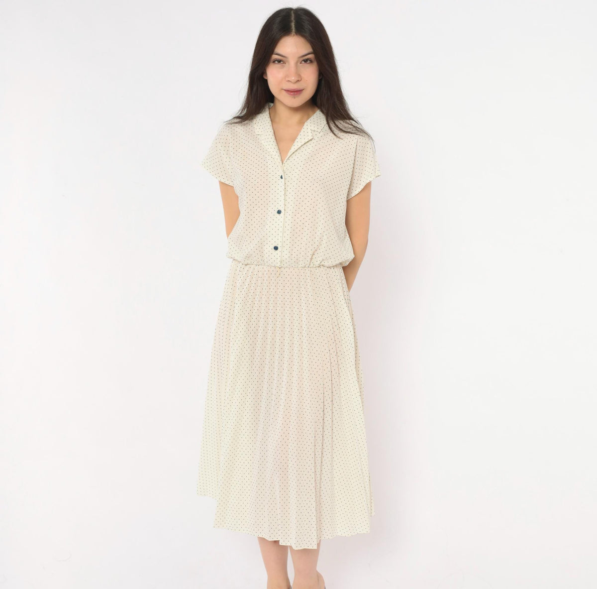 70s Promises Promises Polka Dot Dress Cream Navy Cap Sleeve Knee Length Small