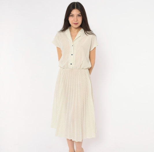 70s Promises Promises Polka Dot Dress Cream Navy Cap Sleeve Knee Length Small