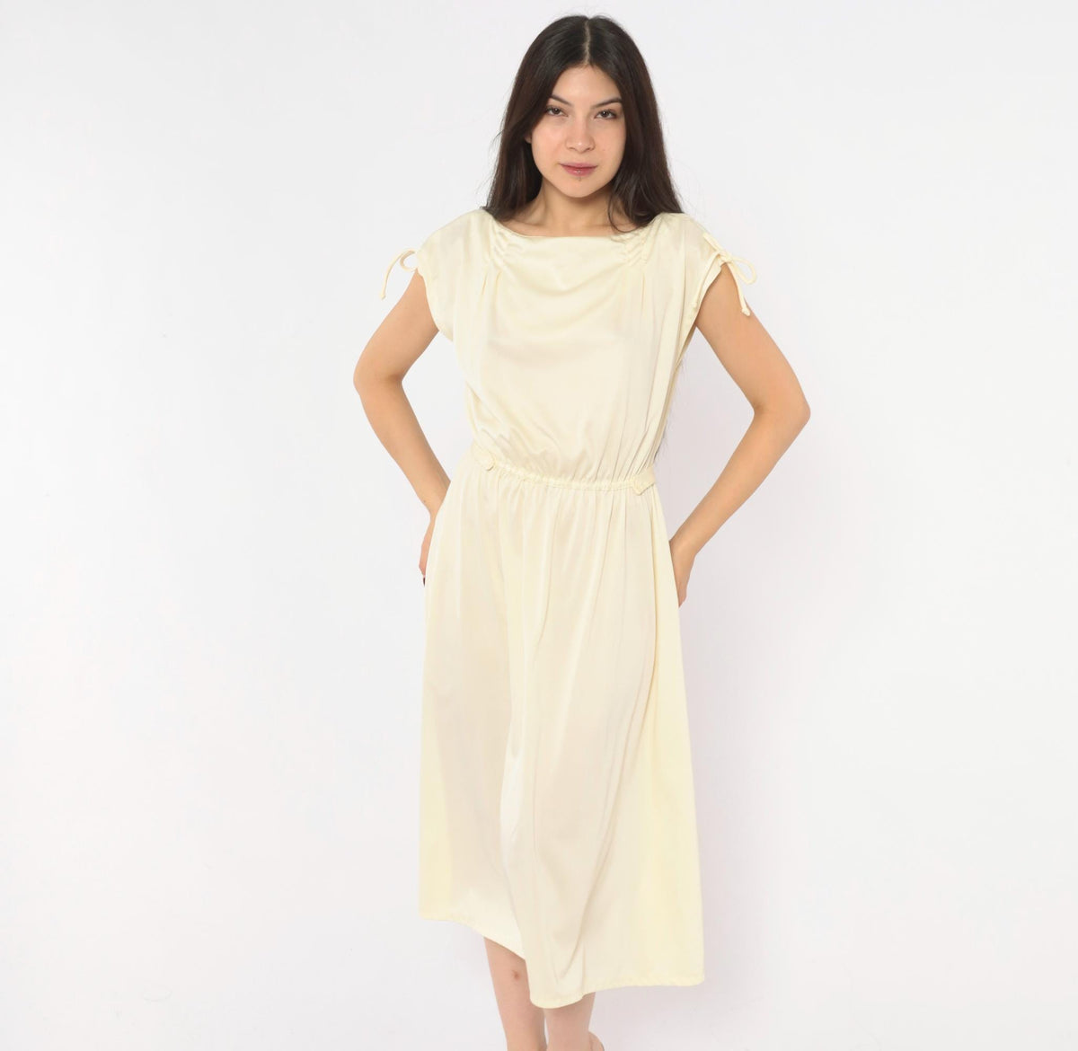 70s Cream Cap Sleeve Dress Ivory A-Line Midi Bow Detail Scoop Neck Small