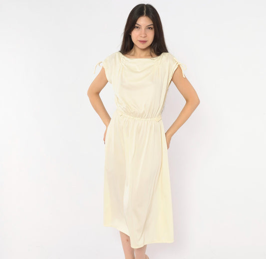 70s Cream Cap Sleeve Dress Ivory A-Line Midi Bow Detail Scoop Neck Small