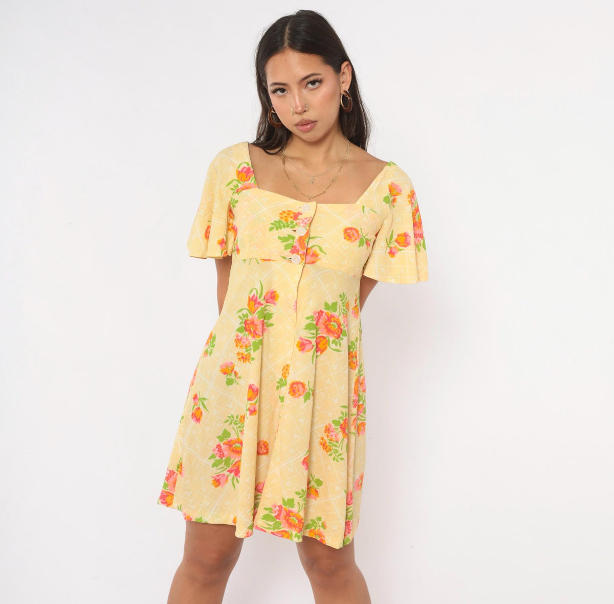 70s Floral Mini Dress Yellow Pink Flutter Sleeve Empire Waist Extra Small XS