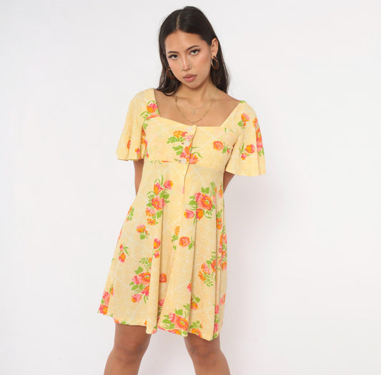 70s Floral Mini Dress Yellow Pink Flutter Sleeve Empire Waist Extra Small XS
