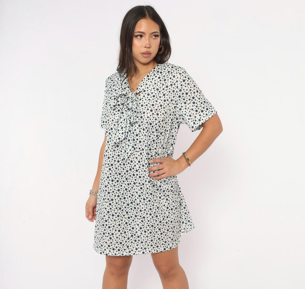 70s Lady Laura Navy White Polka Dot Shift Dress Tie Front Knee Length Extra Large