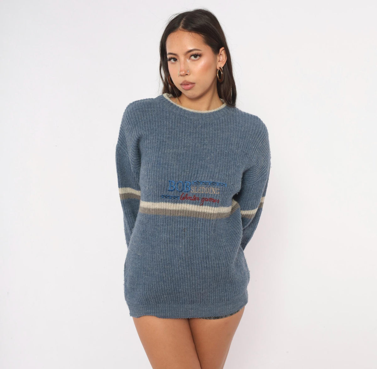 80s Bobsledding Winter Games Wool Knit Pullover Blue Cream Stripe Medium