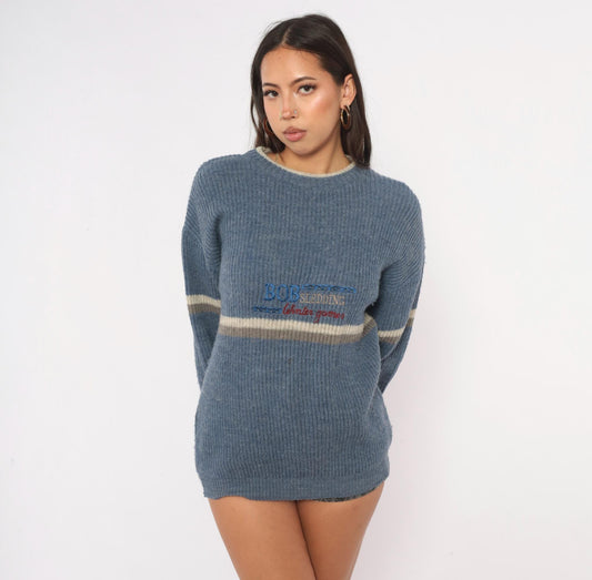 80s Bobsledding Winter Games Wool Knit Pullover Blue Cream Stripe Medium