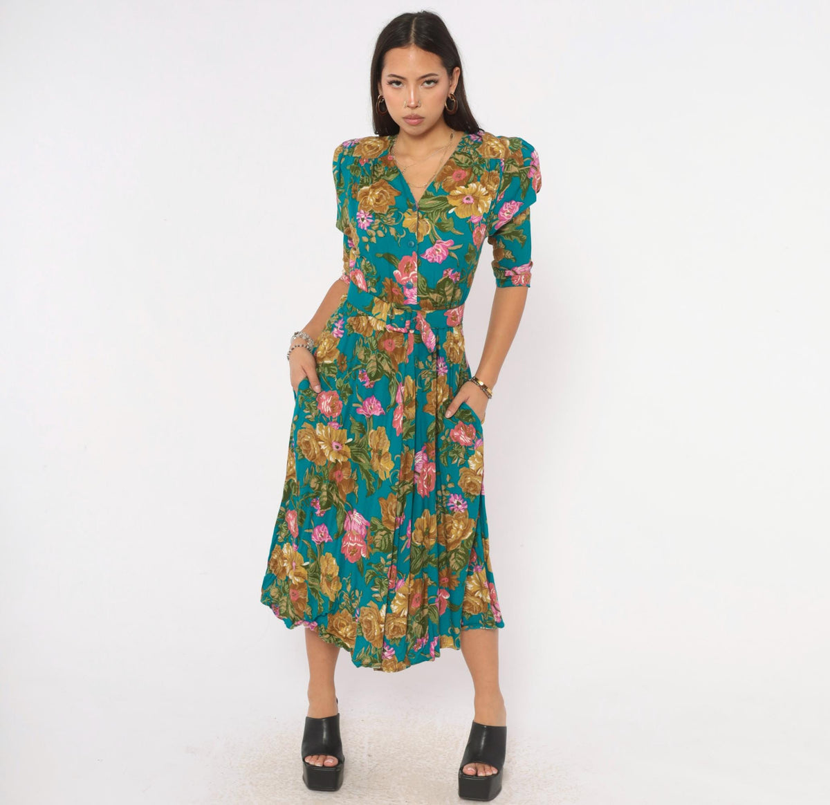 90s Carol Anderson Teal Floral Midi Dress Puff Sleeve Button Front Small S