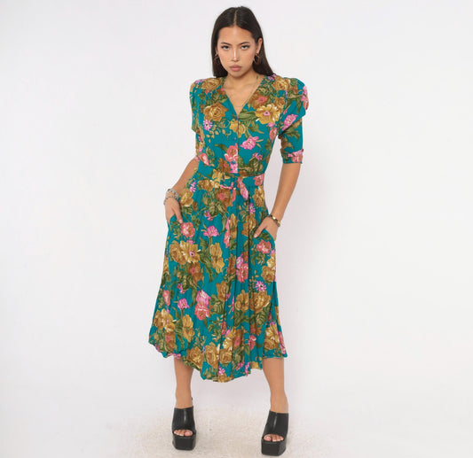 90s Carol Anderson Teal Floral Midi Dress Puff Sleeve Button Front Small S