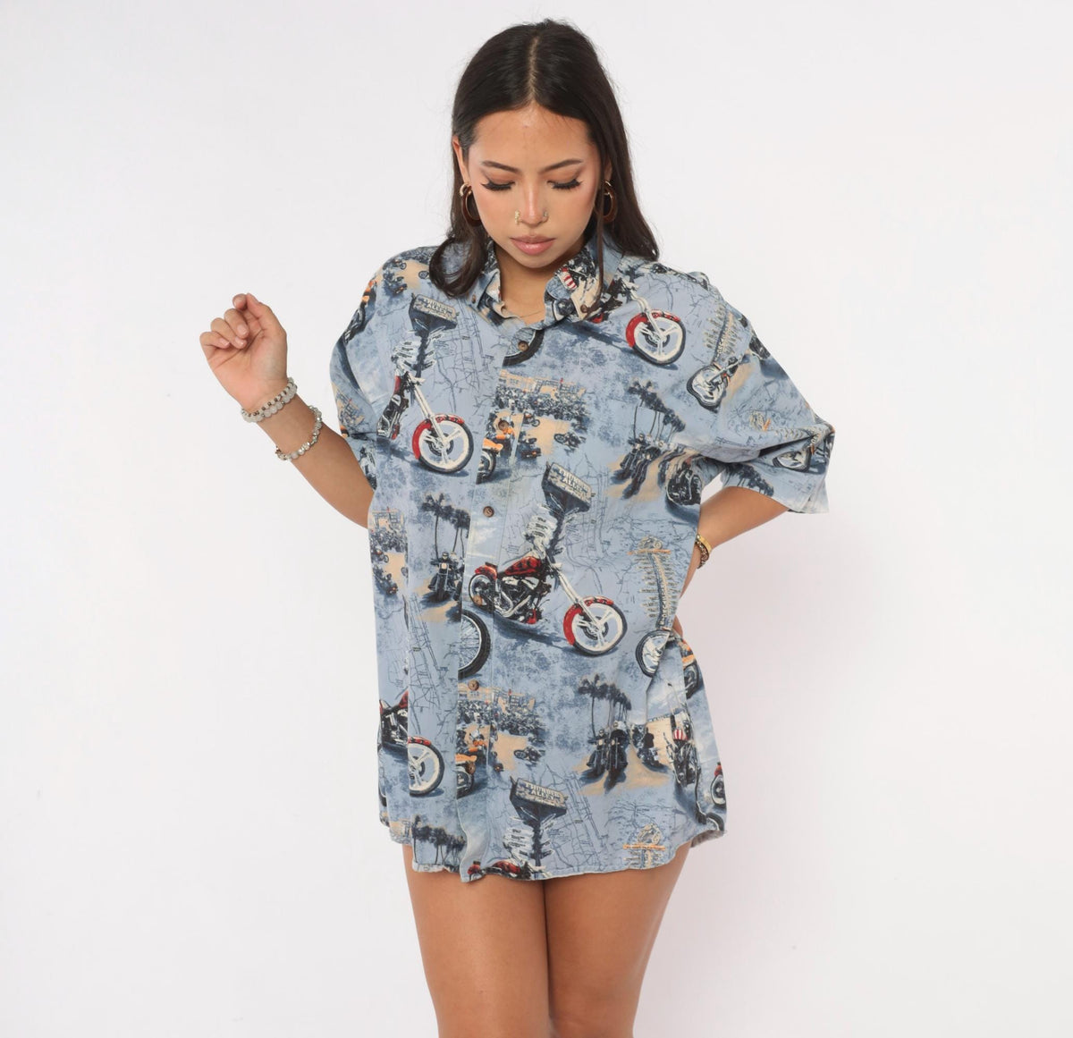 Y2K Redhead Motorcycle Print Button-Up Shirt Blue Cotton Medium