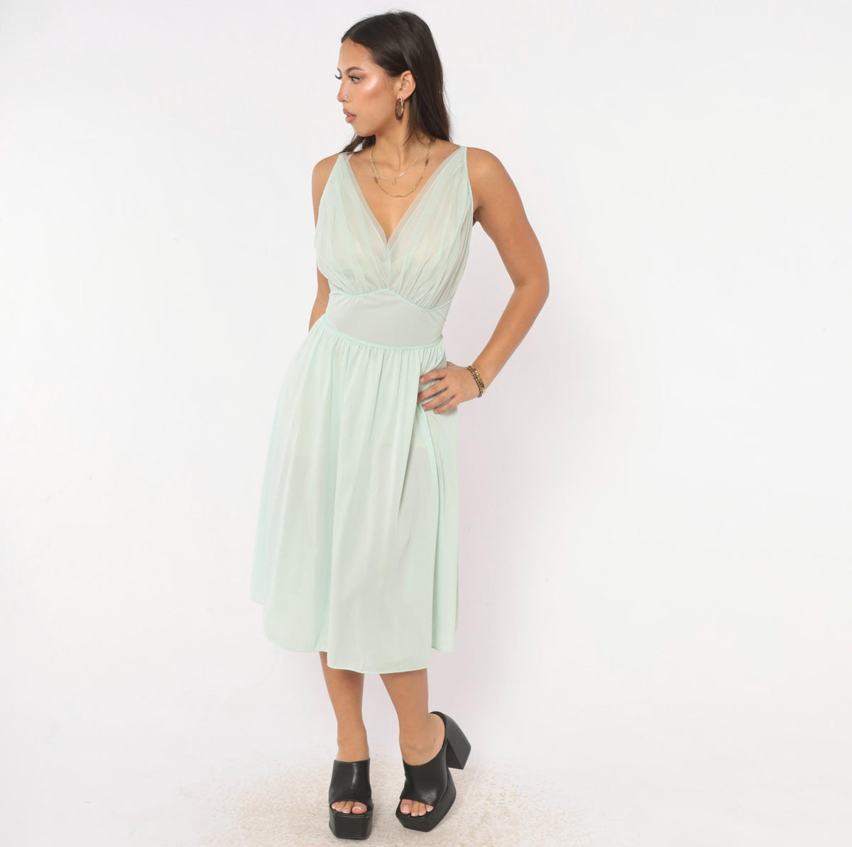 70s Vanity Fair Seafoam Nightgown Deep V Sheer Slip Dress Large L