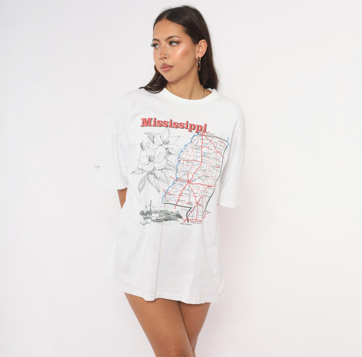 90s Mississippi State Map Souvenir Tee White Graphic Cotton XL