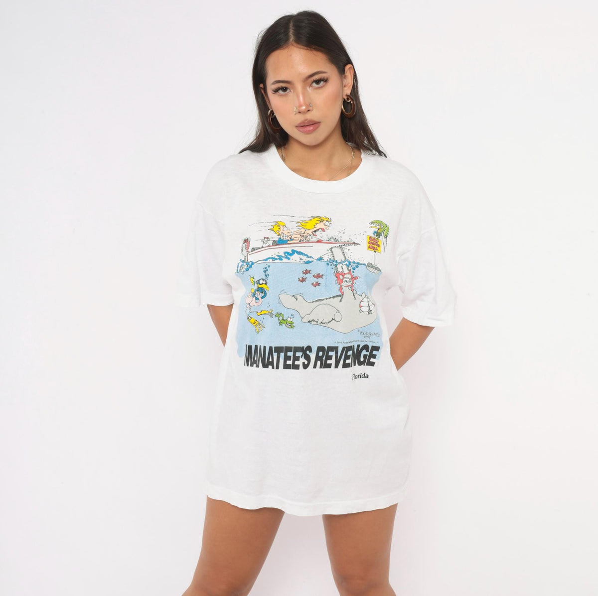 90s Manatee's Revenge Florida Graphic Tee White Cotton Cartoon Large L