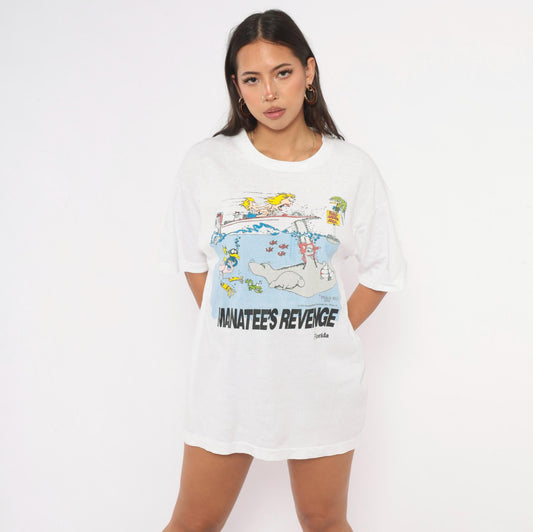 90s Manatee's Revenge Florida Graphic Tee White Cotton Cartoon Large L