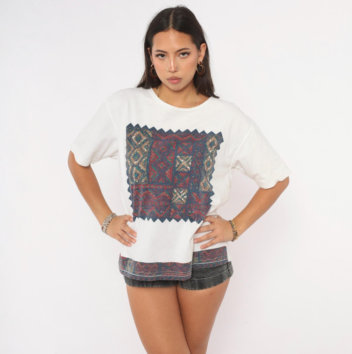 90s Southwestern Tapestry Graphic Tee White Cotton Geometric Burgundy Large L