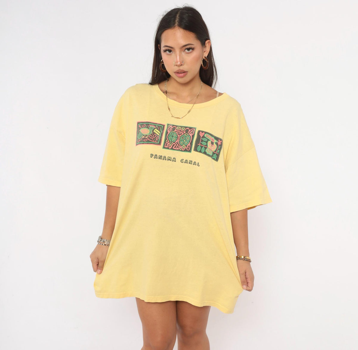 90s Panama Canal Souvenir Tee Yellow Cotton Toucan Turtle Bird Graphic Extra Large