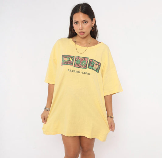 90s Panama Canal Souvenir Tee Yellow Cotton Toucan Turtle Bird Graphic Extra Large