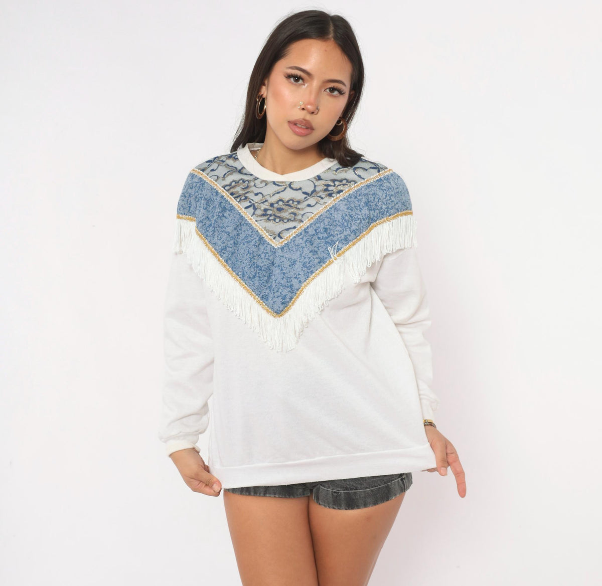 90s Stepping-Up White Fringe Sweatshirt Blue Tapestry Yoke Gold Trim Medium