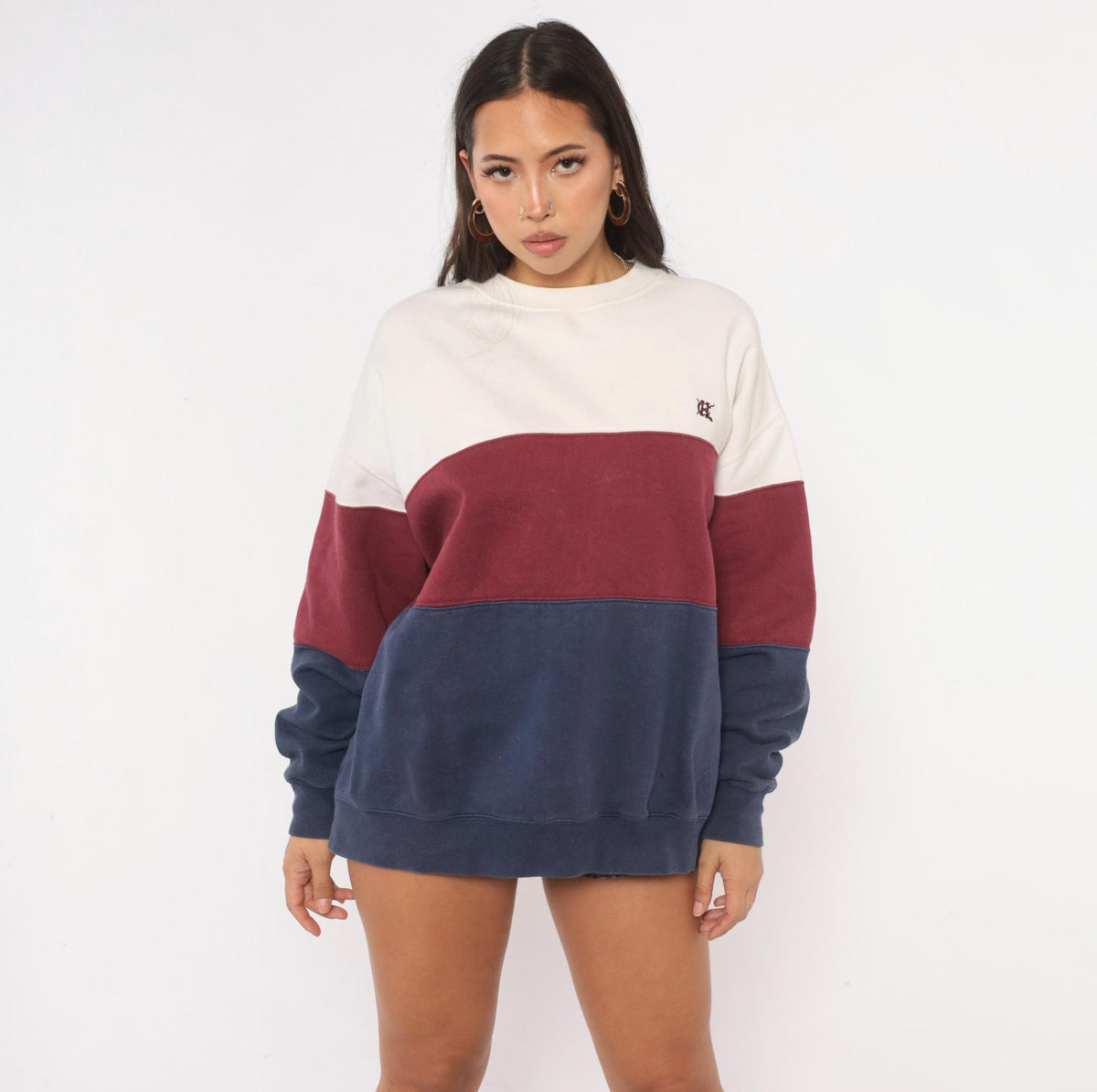 90s Hunt Club Color Block Sweatshirt Cream Burgundy Navy Crewneck Large L