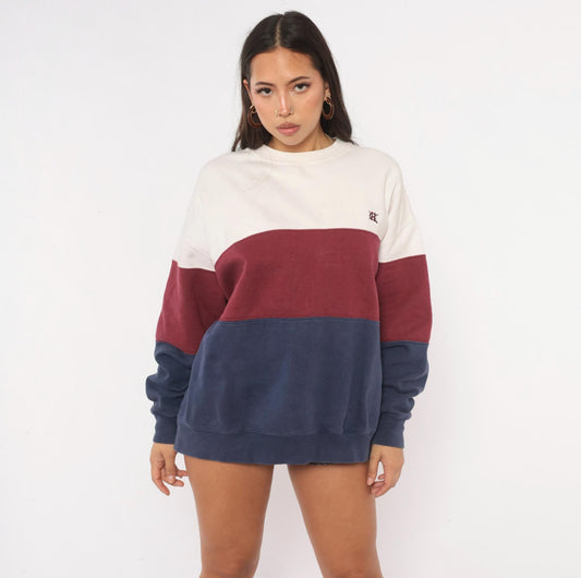 90s Hunt Club Color Block Sweatshirt Cream Burgundy Navy Crewneck Large L
