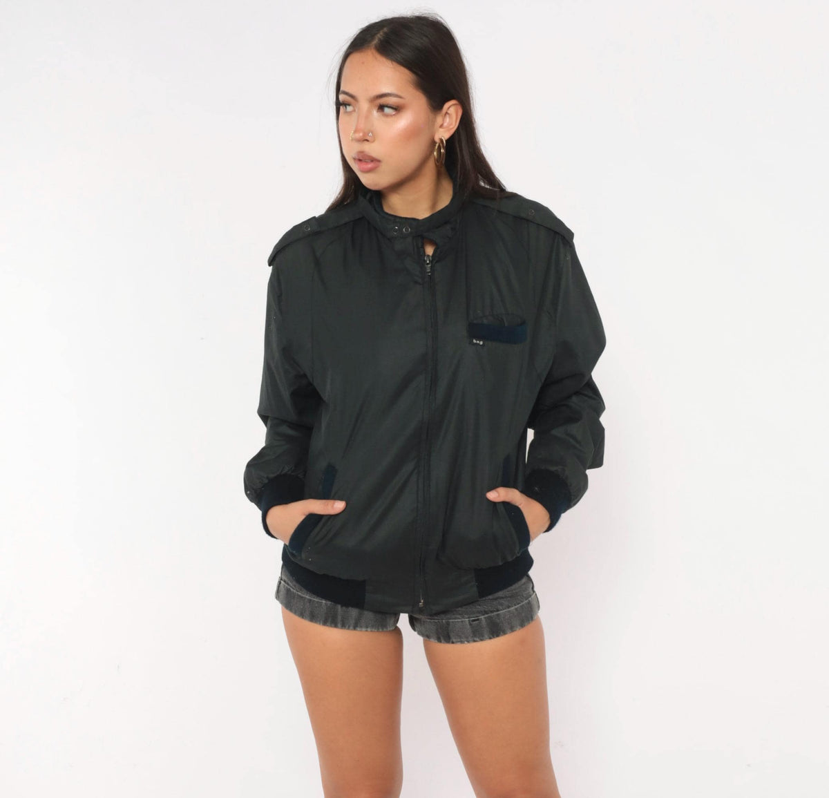 80s Bog Black Bomber Jacket Cotton Epaulette Stand Collar Small